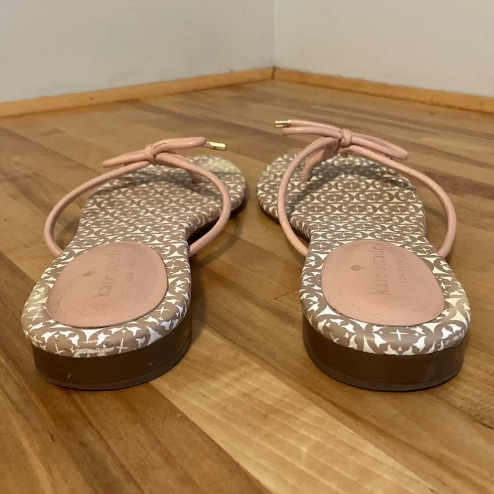 Kate Spade Taupe & Blush Pretty Bow Leather Slide On Flip Flop Sandals Size 9.5